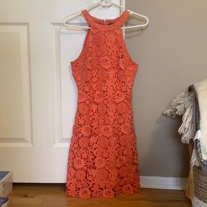 Coral, floral lace dress